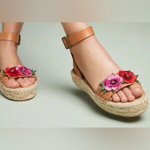 Soludos Tan Espadrilles with Red and Pink Floral Embroidery
